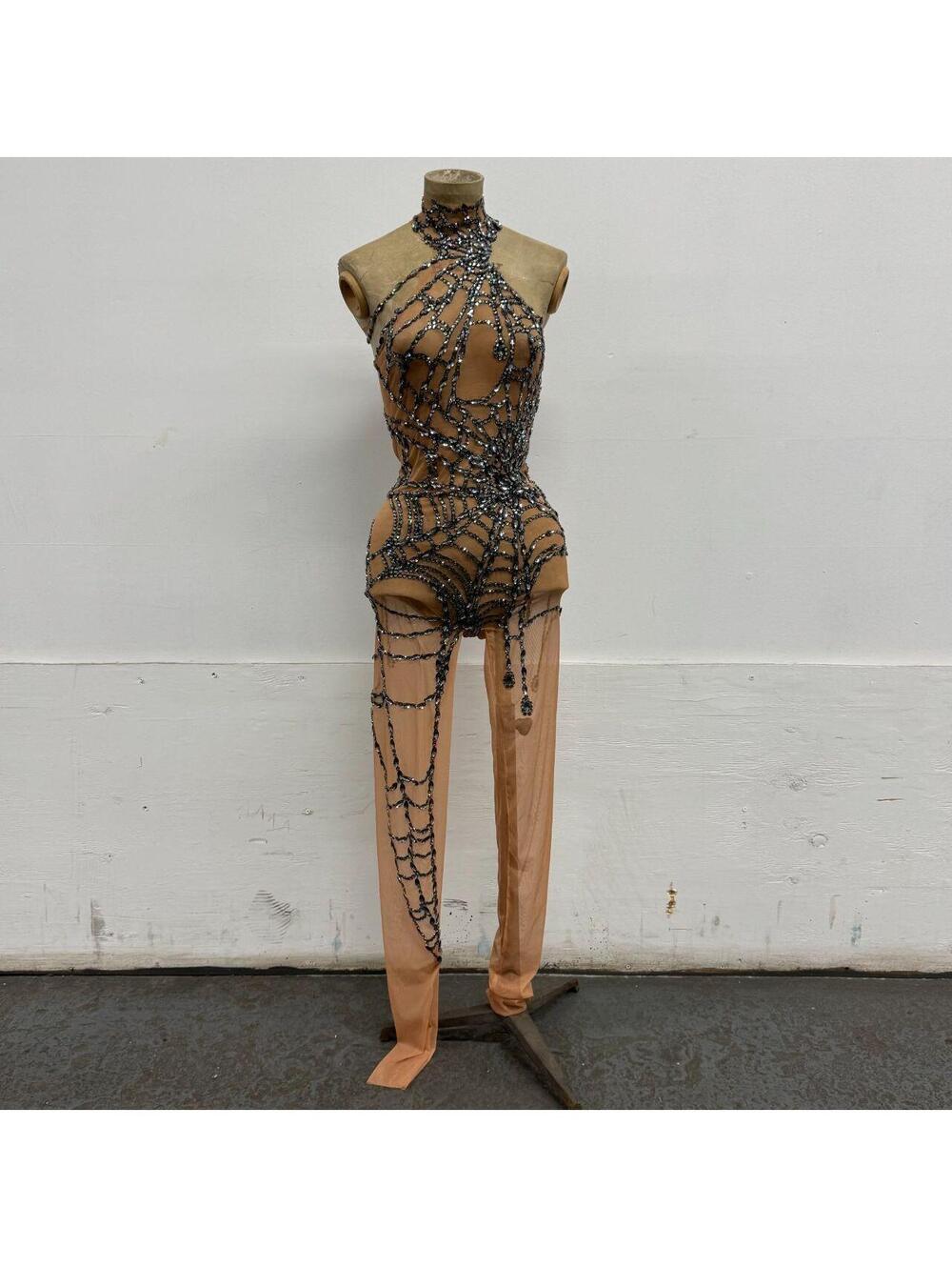 Theatrical Illusion Mesh Gunmetal Rhinestone Spiderweb Halter Catsuit